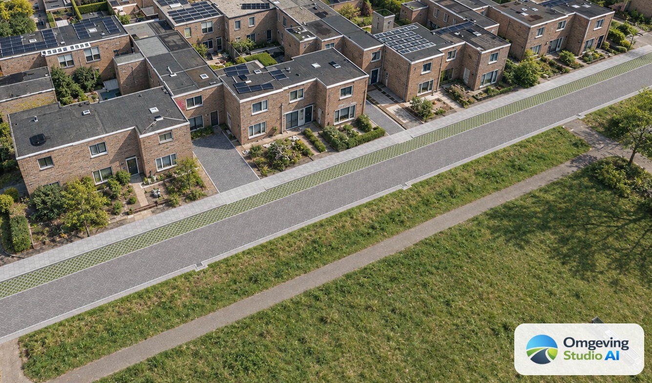 Vogelvluchtbeeld van een nieuw straatontwerp tussen bestaande bebouwing
